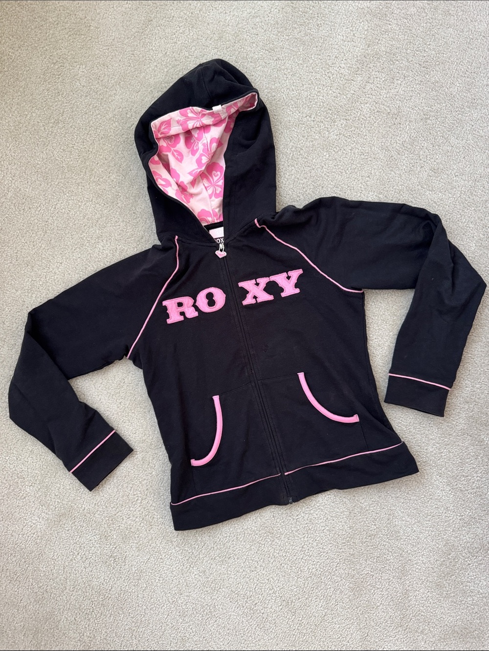Roxy Black Hoodie with Pink Accents and Hibiscus Patterned Hood Lining